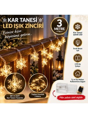 MixmioLife Kar Tanesi LED Işık 3 Metre Yılbaşı Süsleme Dekoratif Işık Zinciri 2 Pilli
