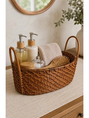 El Örgüsü Doğal Rattan Kulplu Oval Ekmek Sepeti ve Sunum Tepsisi 27X17 cm