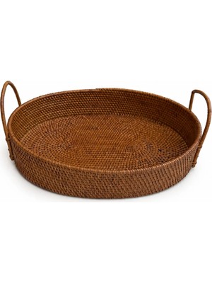El Örgüsü Doğal Rattan Kulplu Oval Dekoratif Sunum ve Servis Tepsisi 35X25 cm