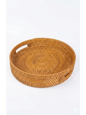 El Yapımı Doğal Rattan Yuvarlak Servis ve Sunum Tepsisi 37 cm