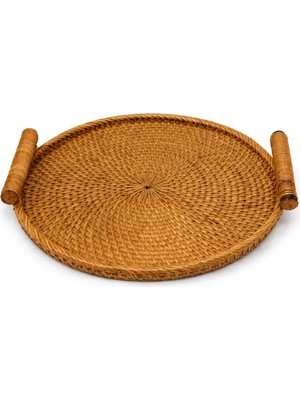 Doğal El Örgüsü Kulplu Rattan Servis Tepsisi ve Sunumluk 30X2 cm