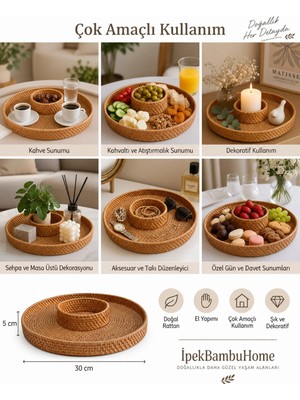El Yapımı Doğal Rattan Çok Amaçlı Dekoratif Sunum ve Servis Tepsisi 30X5 cm