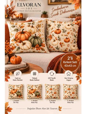 Elvoran Joy 2’li Sonbahar Bal Kabağı Desenli Dekoratif Kırlent Kılıfı 43X43 cm – Çift Taraflı Baskı