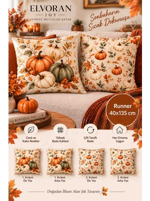 Elvoran Joy Sonbahar Bal Kabağı Temalı 3’lü Dekoratif Set – 2 Adet 43X43 cm Kırlent + 40X135 cm Runner – Çift Taraflı Baskı