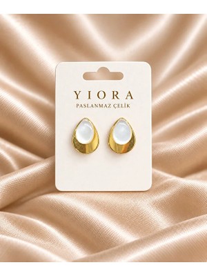 Yiora Kadın Gold Taşlı Damla Model Paslanmaz Çelik Çivi Küpe