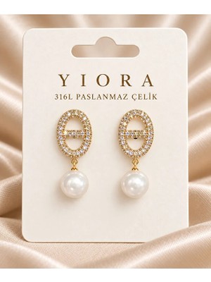 Yiora Kadın Gold Oval Zirkon Taşlı Inci Sallantılı Küpe 316L Paslanmaz Çelik Çivi Model