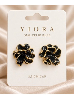 Yiora Kadın Siyah Gold Katmanlı Çiçek Küpe 2,5 cm Paslanmaz Çelik Çivi Model
