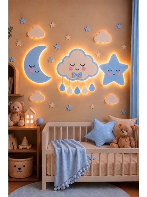Moonly Concept Gökyüzü Çocuk Odası Gece Lambası | Bulut Ay Yıldız Bebek Odası