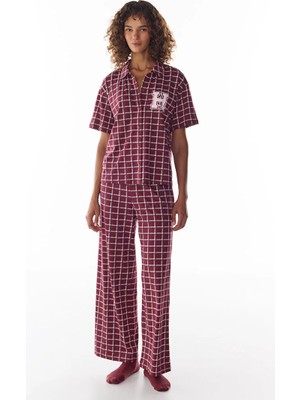 Penti Burgundy Harvard Gingham Short Sleeve Shirt & Pants Pajama Set
