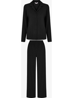 Penti Black Quinn Ribbed Long Sleeve Shirt And Pants Pajama Set