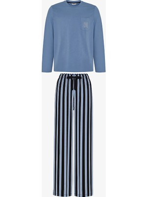 Penti Men's Steel Blue Striped Pants Long Sleeve Pajama Set
