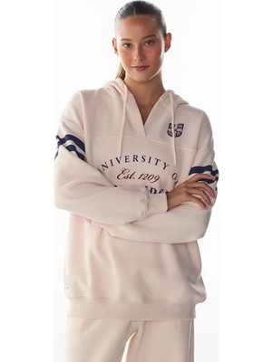 Penti Ecru Cambridge Printed V-Neck Hooded Sweatshirt