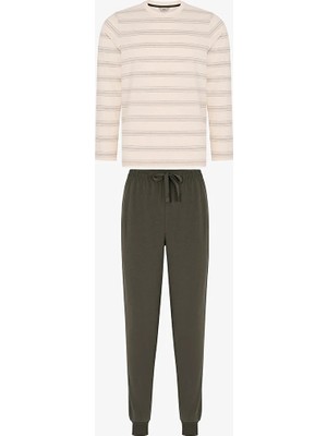 Penti Men's Moss Striped Long Sleeve Jogger Pajama Set