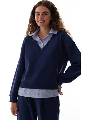 Penti Navy Shirt-Layered Polo Collar Sweatshirt