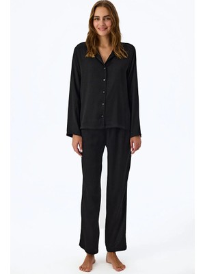 Penti Black Fleur Satin Snake Print Long Sleeve Shirt And Pants Pajama Set