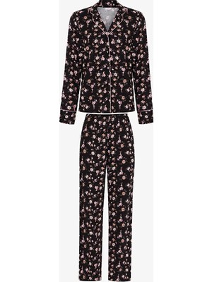 Penti Black Floral Dream Long Sleeve Shirt And Pants Pajama Set