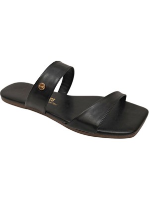 Tkees Women's Thick Double Strap Black Square Toe Slippers