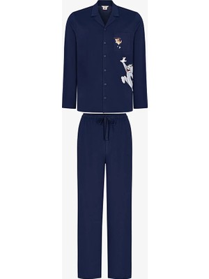 Penti Men's Navy Tom&jerry Long Sleeve Shirt And Pants Pajama Set