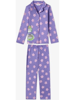 Penti Girls' Lilac Feel Better Cat Print Cotton Button-Up Long Sleeve Shirt And Pants Pajama Set