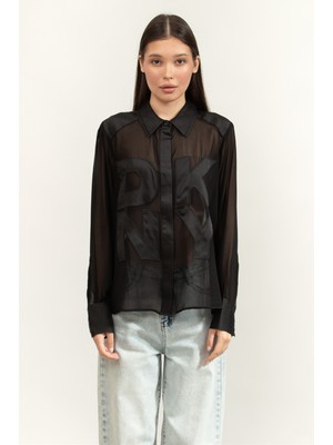 Dkny L/s Chiffon Logo Btt Women's Shirt Black
