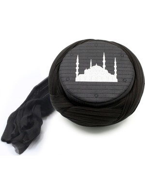 Sarıkhane Cami Sarığı – Siyah Kumaş – Siyah Takke – Çapraz Sarım – Cami Nakışlı – 7 Metre – Züabeli