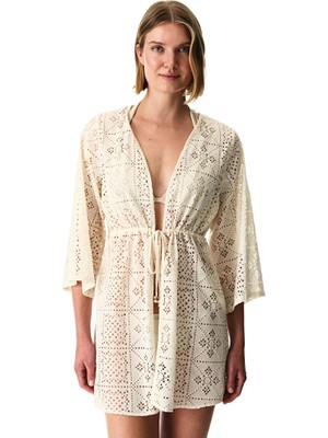 Penti Ecru Jasmine Ethnic Patterned Lace Long Sleeve Kimono