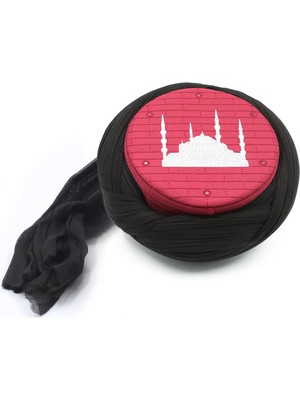 Sarıkhane Cami Sarığı – Siyah Kumaş – Bordo Takke – Çapraz Sarım – Cami Nakışlı – 7 Metre – Züabeli