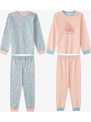Penti Girls' Mint Bunny Ride Cotton Long Sleeve 2-Pack Pajama Set