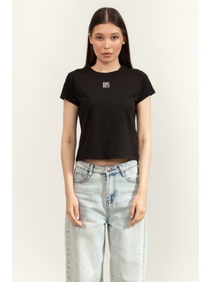 Dkny Rhinestone Logo Women's Shirt Black