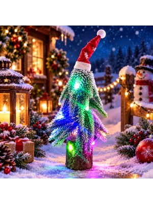 Kuzey Oyuncak 2 Adet Ahşap Kütüklü Renkli LED Işıklı Yılbaşı Ağacı 22CM Işıklı Yılbaşı Çam Ağacı Işıklı Noel Ağacı