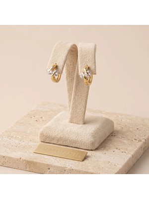 Stainless Steel Vıp Seri 316L Çelik Gold Renk Çift Zirkon Taşlı Kıvrımlı Halka Küpe 1,5 cm