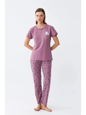 Çamaşır Kenti Kadın Mor Patili Tavşan Baskılı Cepli Pijama Takımı