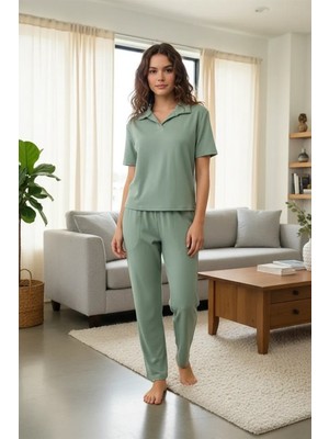 Çamaşır Kenti Özel Tasarım Kadın Yeşil Polo Yaka Pijama Takımı %100 Pamuk