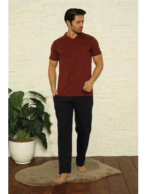 Çamaşır Kenti Erkek Bordo V Yaka 3'lü Pijama Takım