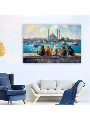 Salacak Harem Kıyısından Boğaz Manzarası Seyreden Kediler Kanvas Tablo, 90X60