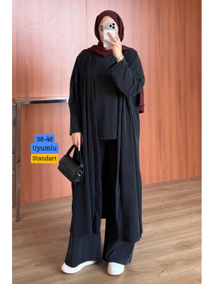 Balenbi Kadın Cupra Pike Uzun Hırka Bluz Geniş Paça Pantolon 3\'lü Abaya Takım 3861