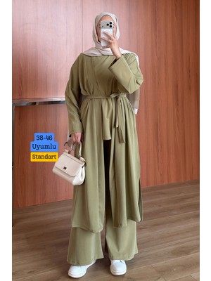 Balenbi Kadın Cupra Pike Uzun Hırka Bluz Geniş Paça Pantolon 3\'lü Abaya Takım 3861