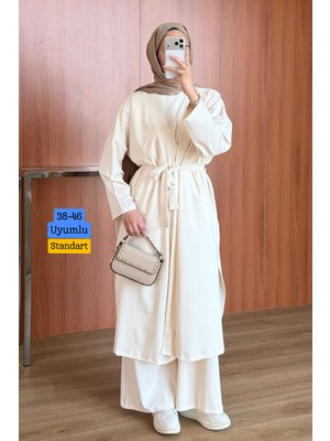 Balenbi Kadın Cupra Pike Uzun Hırka Bluz Geniş Paça Pantolon 3\'lü Abaya Takım 3861