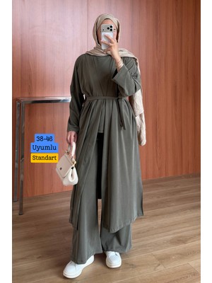 Balenbi Kadın Cupra Pike Uzun Hırka Bluz Geniş Paça Pantolon 3\'lü Abaya Takım 3861