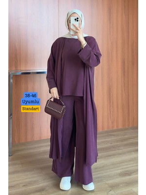 Balenbi Kadın Cupra Pike Uzun Hırka Bluz Geniş Paça Pantolon 3\'lü Abaya Takım 3861