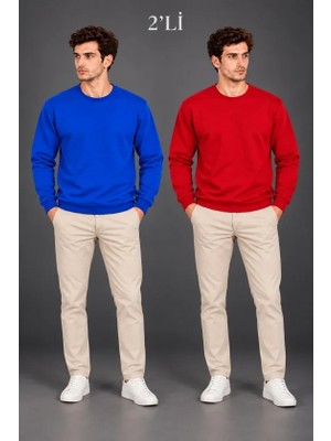Çamaşır Kenti Erkek 2li Bisiklet Yaka Içi Şardonlu 2 Iplik Düz Uzun Kollu Regular Fit Sweatshirt  Mavi  Kırmızı