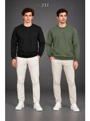 Çamaşır Kenti Erkek 2li Bisiklet Yaka Içi Şardonlu 2 Iplik Düz Uzun Kollu Regular Fit Sweatshirt  Siyah  Haki