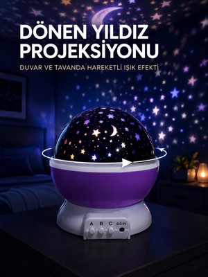 MiraLive Yıldız Projeksiyon Lambası Döner Başlıklı Renkli Çocuk Odası Gece Işığı