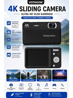 Magicool Dijital Kamera 4K Hd 48MP 8x Zoom Flaşlı Kayar Retro Video Kamera 2.4’’ Ekran 64GB Sd Kart Hed