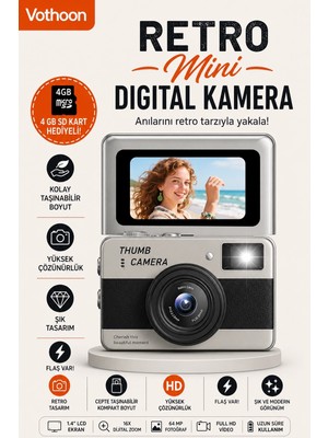 Magicool Retro Mini Dijital Kamera 1080P 1.47 Inç Flip Ekranlı Flaşlı Selfie Vlog Kamerası 4gb Sd Hediy