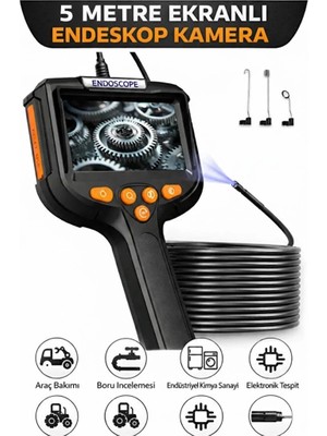 Magicool Monitörlü Tek Kameralı 5 mt Sert Kablo Yılan Endoskop Kamera 5,5 mm 4.3 Inc Ekran IP67 Su Geçir