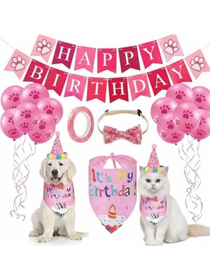 Evcil Hayvan Doğum Günü Süsleme Seti Pembe – Köpek ve Kedi Için Birthday Party Konsept Paketi – Balon, Happy Birthday Banner, Bandana, Papyon, Şapka ve Parti Aksesuarları