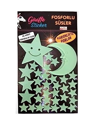 Karanlıkta Parlayan Fosforlu Ay ve Yıldız Tasarımlı Dekoratif Sticker (36 Adet Ay Yıldız)