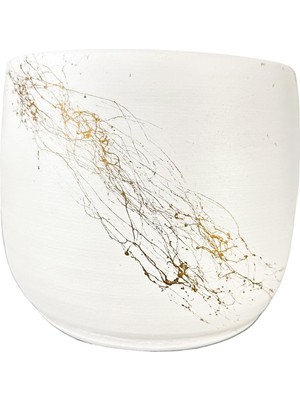 Bitkitasarımı Bitki Tasarımı Ev Dekorasyon Aksesuar Beyaz Üzeri Gold Mermer Efektli Toprak Saksı Saksılık Salon Çiçeklik - 19 cm