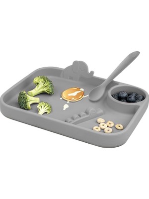 Meleni Baby 2'li Silikon Beslenme Seti - 3 Bölmeli Silikon Beslenme Tabağı, Diş Kaşıyıcı Özellikli Kaşık - Gri